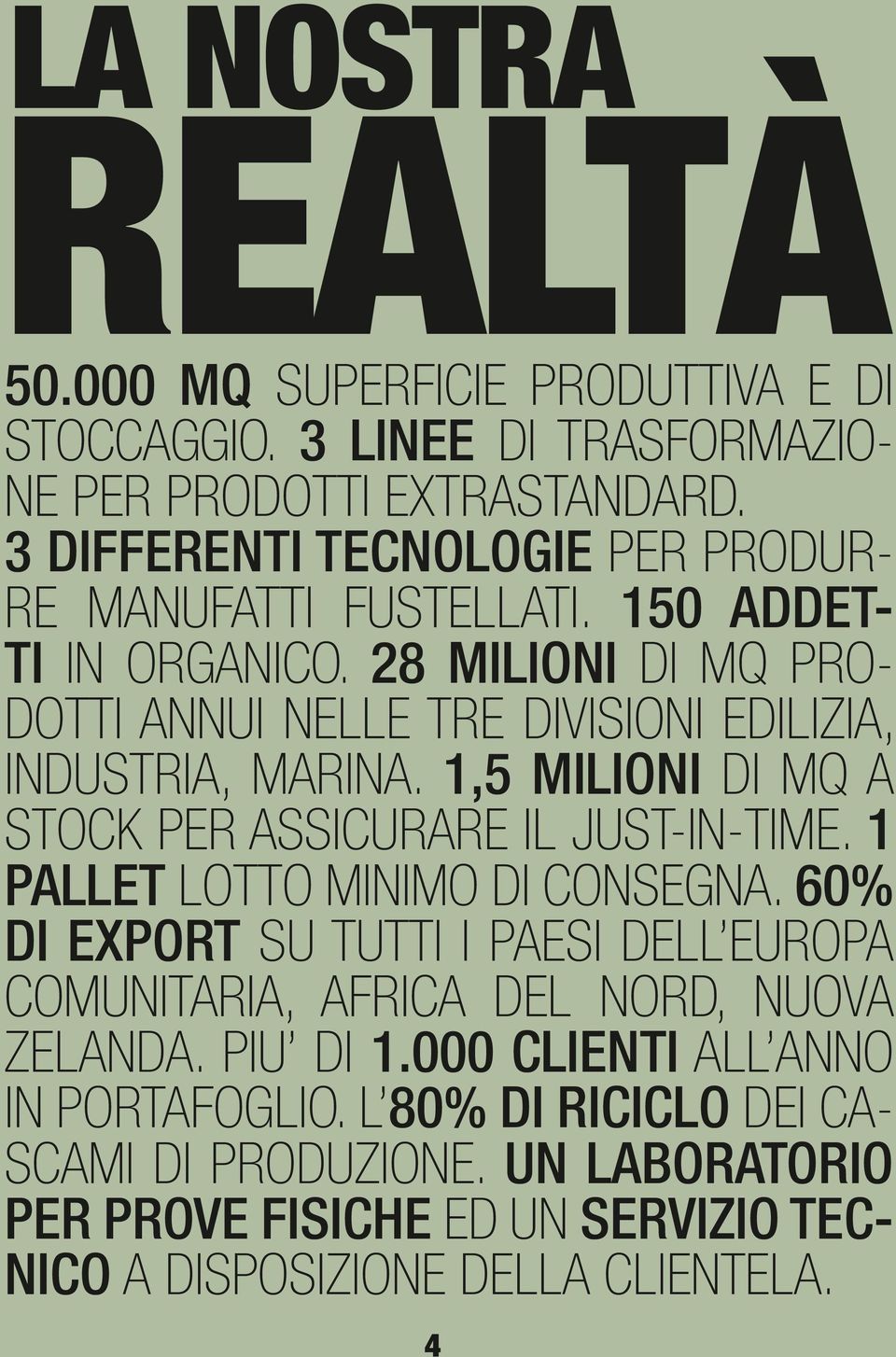 28 milioni di mq prodotti annui nelle tre divisioni edilizia, industria, marina. 1,5 milioni di mq a stock per assicurare il just-in-time.