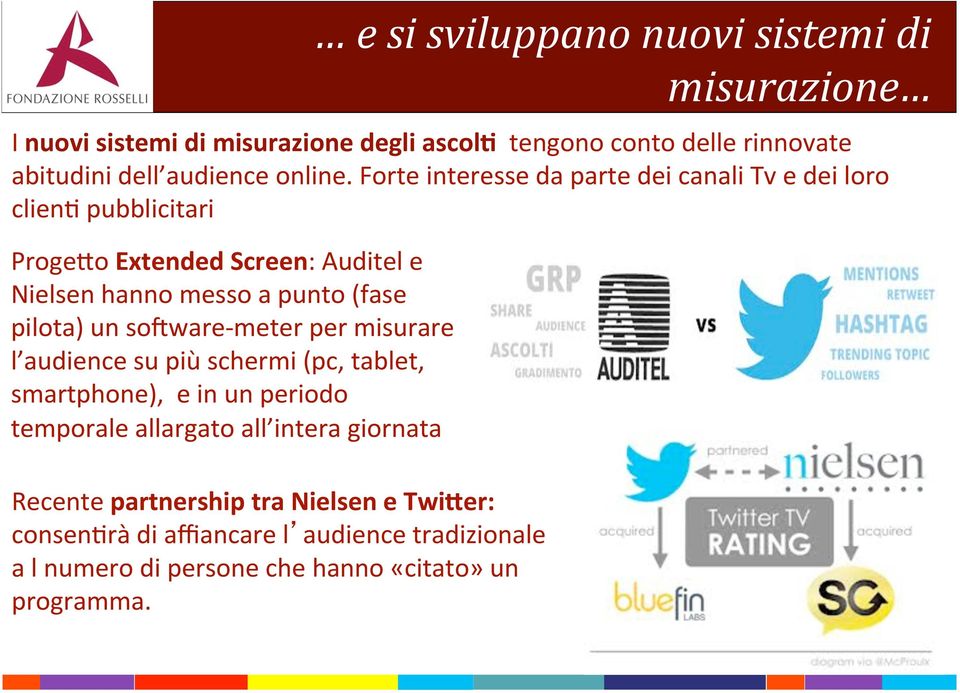 Forte interesse da parte dei canali Tv e dei loro clien6 pubblicitari ProgeIo Extended Screen: Auditel e Nielsen hanno messo a punto (fase pilota) un