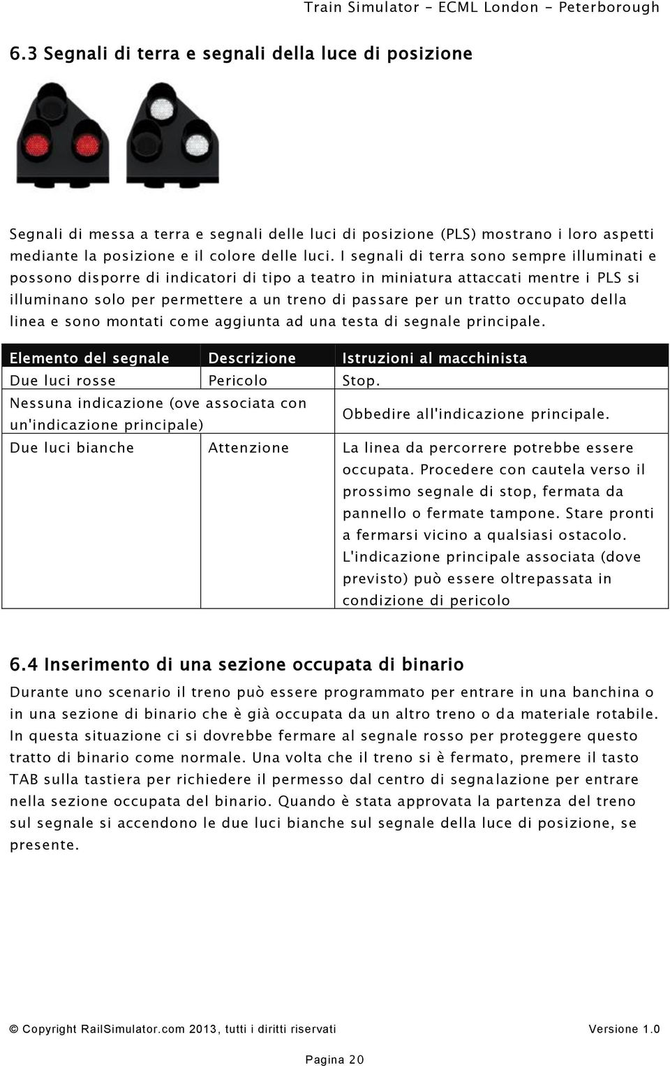 occupato della linea e sono montati come aggiunta ad una testa di segnale principale. Elemento del segnale Descrizione Istruzioni al macchinista Due luci rosse Pericolo Stop.