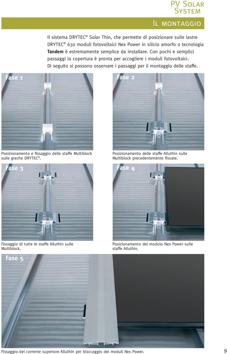 Di seguito si possono osservare i passaggi per il montaggio delle staffe. Fase 1 Fase 2 Posizionamento e fissaggio delle staffe Multiblock sulle greche DRYTEC.