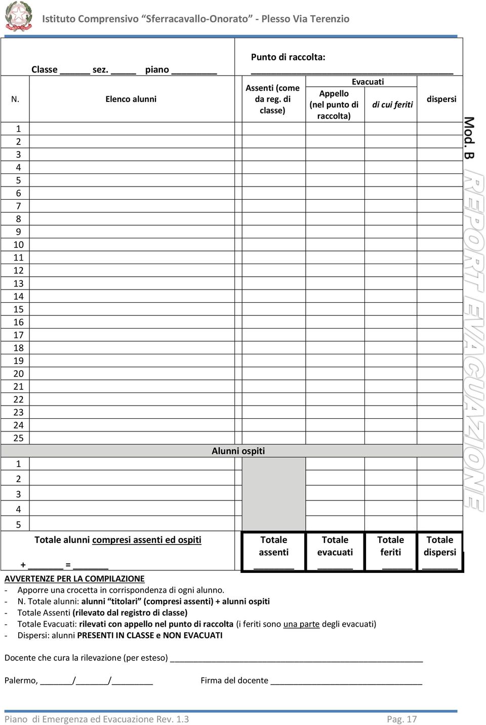 da reg. di dispersi (nel punto di di cui feriti classe) raccolta) Totale assenti Totale evacuati AVVERTENZE PER LA COMPILAZIONE - Apporre una crocetta in corrispondenza di ogni alunno. - N.