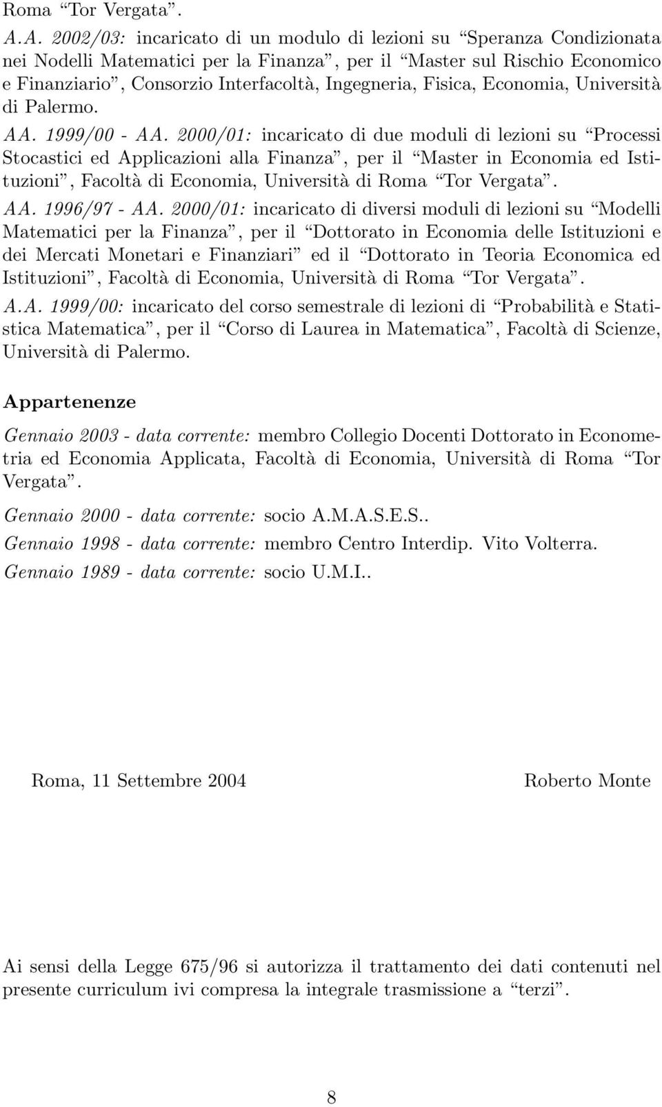 Fisica, Economia, Università di Palermo. AA. 1999/00 - AA.