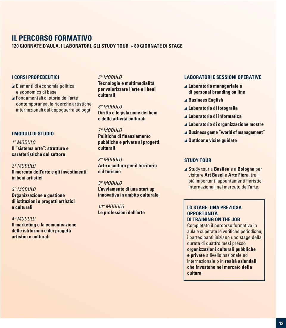 investimenti in beni artistici 3 MODULO Organizzazione e gestione di istituzioni e progetti artistici e culturali 4 MODULO Il marketing e la comunicazione delle istituzioni e dei progetti artistici e