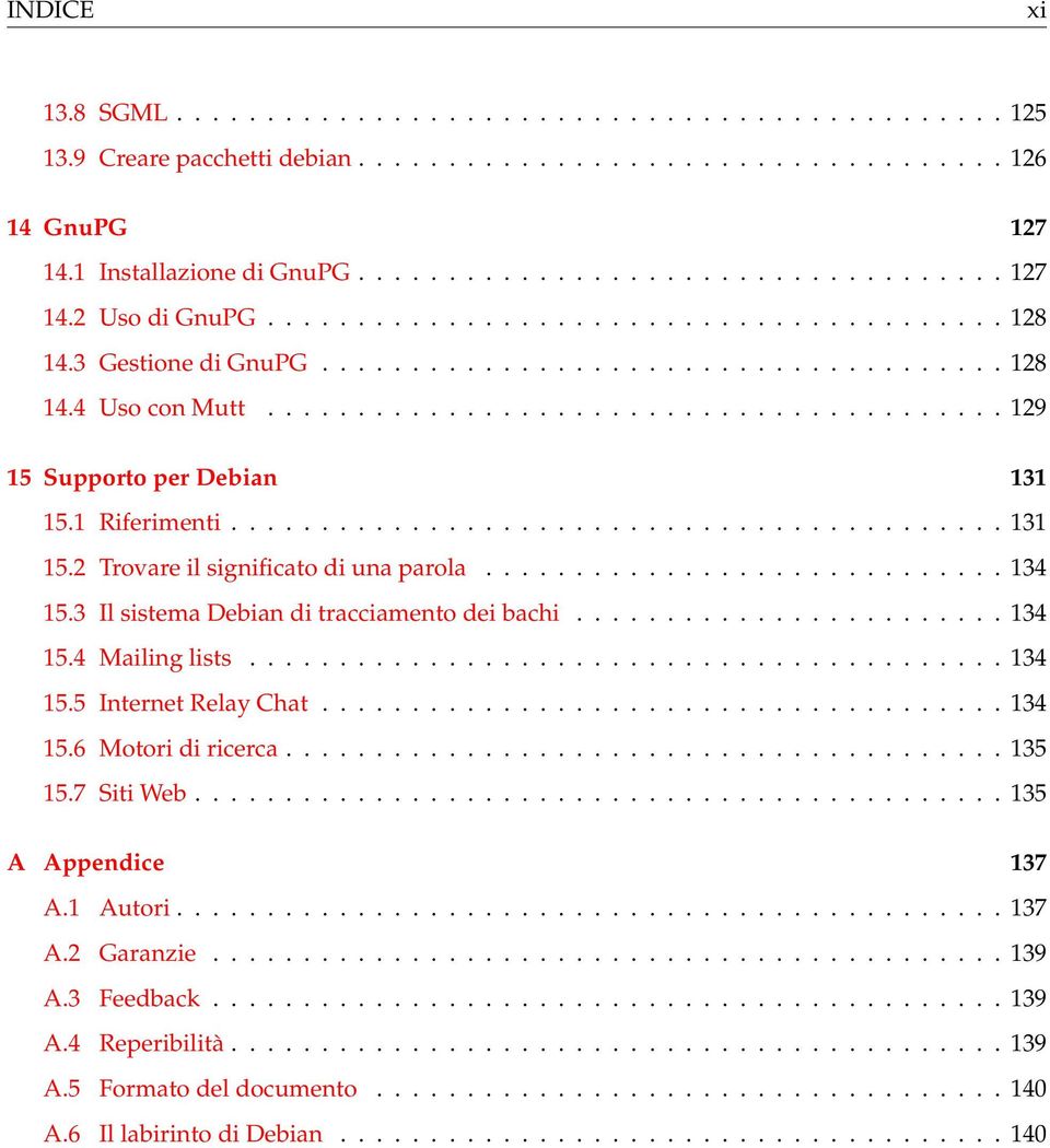 1 Riferimenti........................................... 131 15.2 Trovare il significato di una parola............................. 134 15.3 Il sistema Debian di tracciamento dei bachi........................ 134 15.4 Mailing lists.