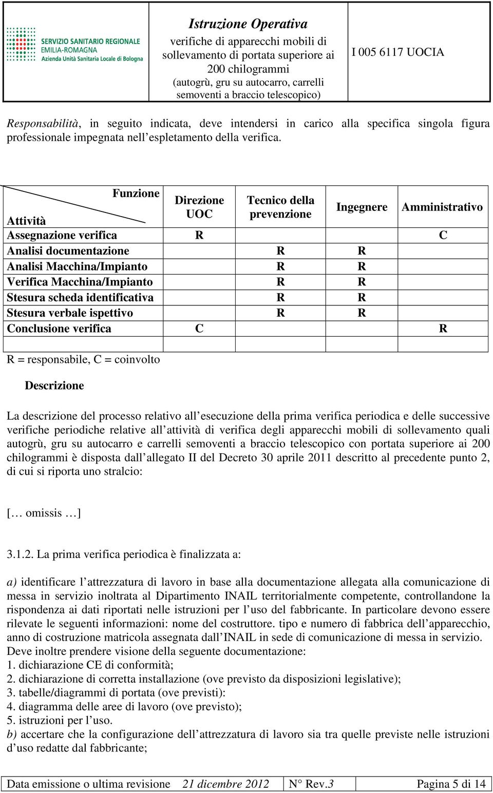 Stesura scheda identificativa R R Stesura verbale ispettivo R R Conclusione verifica C R R = responsabile, C = coinvolto Descrizione La descrizione del processo relativo all esecuzione della prima