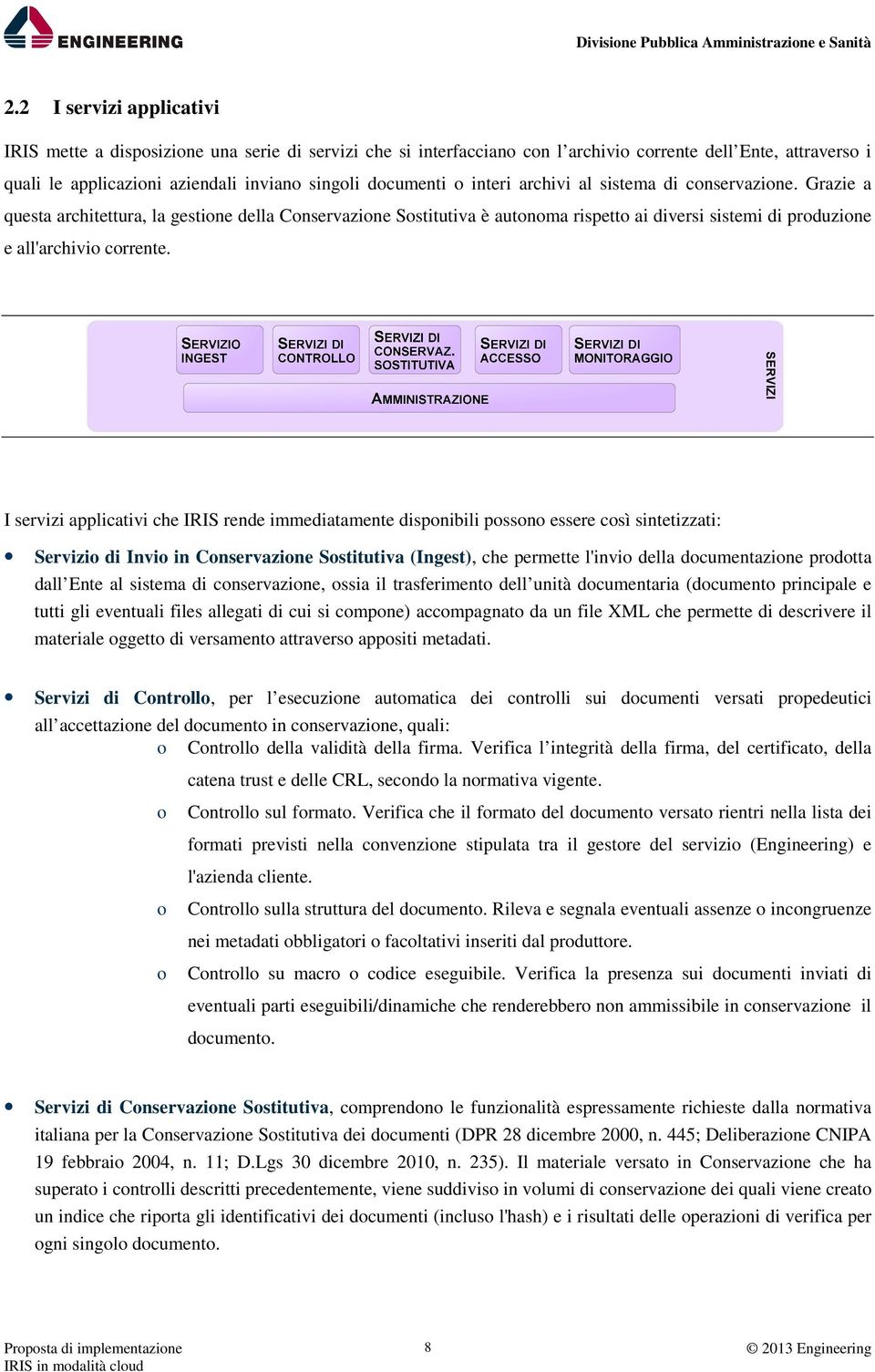 SERVIZI I servizi applicativi che IRIS rende immediatamente disponibili possono essere così sintetizzati: Servizio di Invio in Conservazione Sostitutiva (Ingest), che permette l'invio della