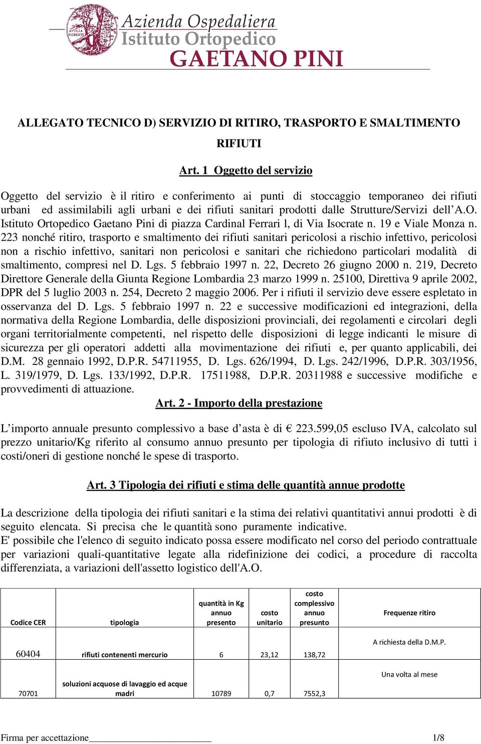 Strutture/Servizi dell A.O. Istituto Ortopedico Gaetano Pini di piazza Cardinal Ferrari l, di Via Isocrate n. 19 e Viale Monza n.