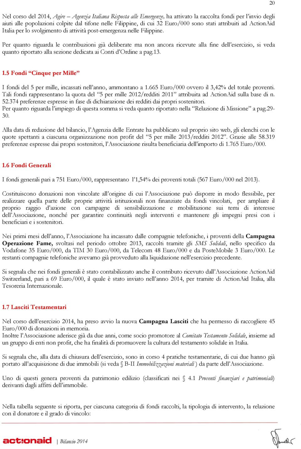 Per quanto riguarda le contribuzioni già deliberate ma non ancora ricevute alla fine dell esercizio, si veda quanto riportato alla sezione dedicata ai Conti d Ordine a pag.13. 20 1.