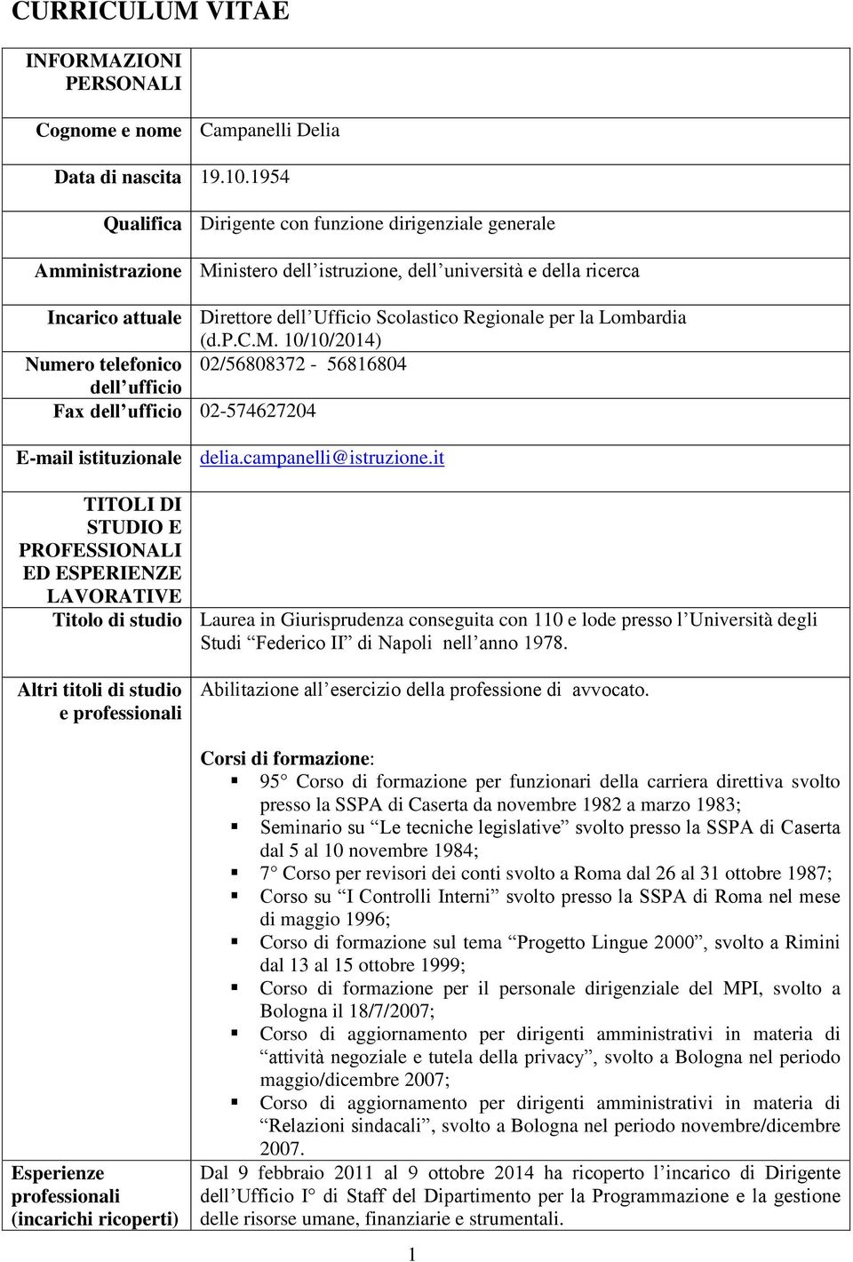 la Lombardia (d.p.c.m. 10/10/2014) Numero telefonico 02/56808372-56816804 dell ufficio Fax dell ufficio 02-574627204 E-mail istituzionale delia.campanelli@istruzione.