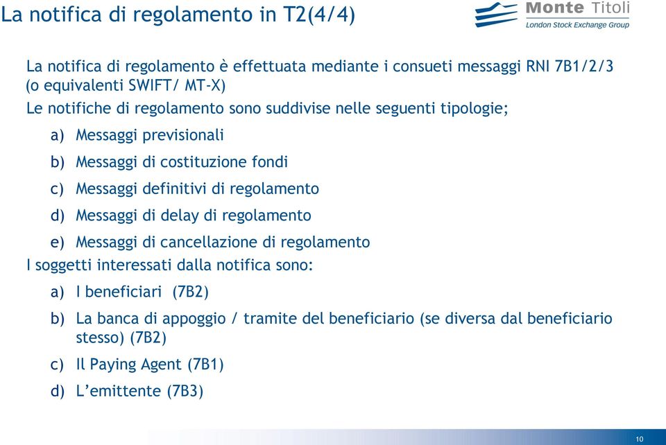 regolamento d) Messaggi di delay di regolamento e) Messaggi di cancellazione di regolamento I soggetti interessati dalla notifica sono: a) I