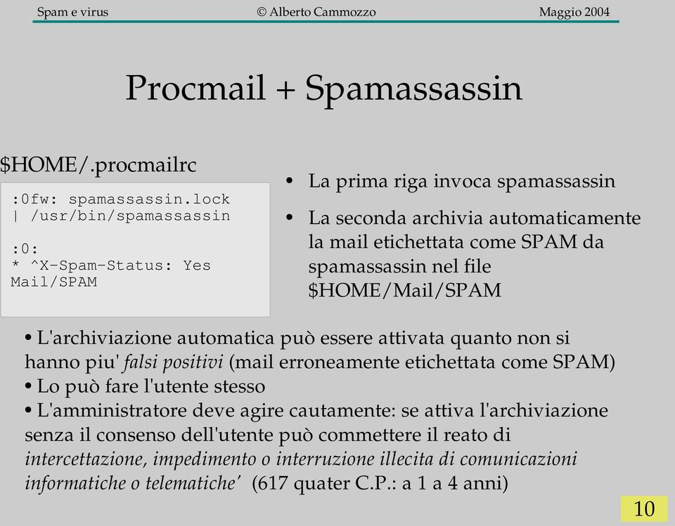 spamassassin nel file $HOME/Mail/SPAM L'archiviazione automatica può essere attivata quanto non si hanno piu'falsi positivi (mail erroneamente etichettata come SPAM) Lo