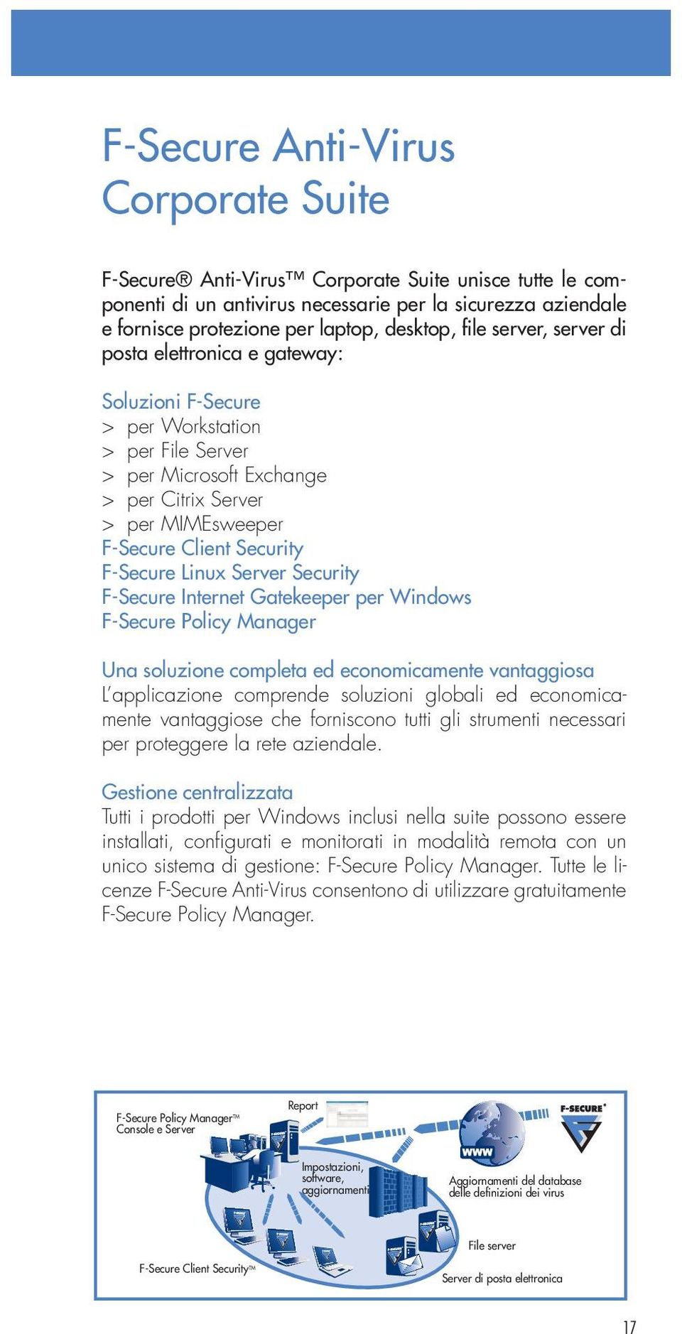 F-Secure Linux Server Security F-Secure Internet Gatekeeper per Windows F-Secure Policy Manager Una soluzione completa ed economicamente vantaggiosa L applicazione comprende soluzioni globali ed