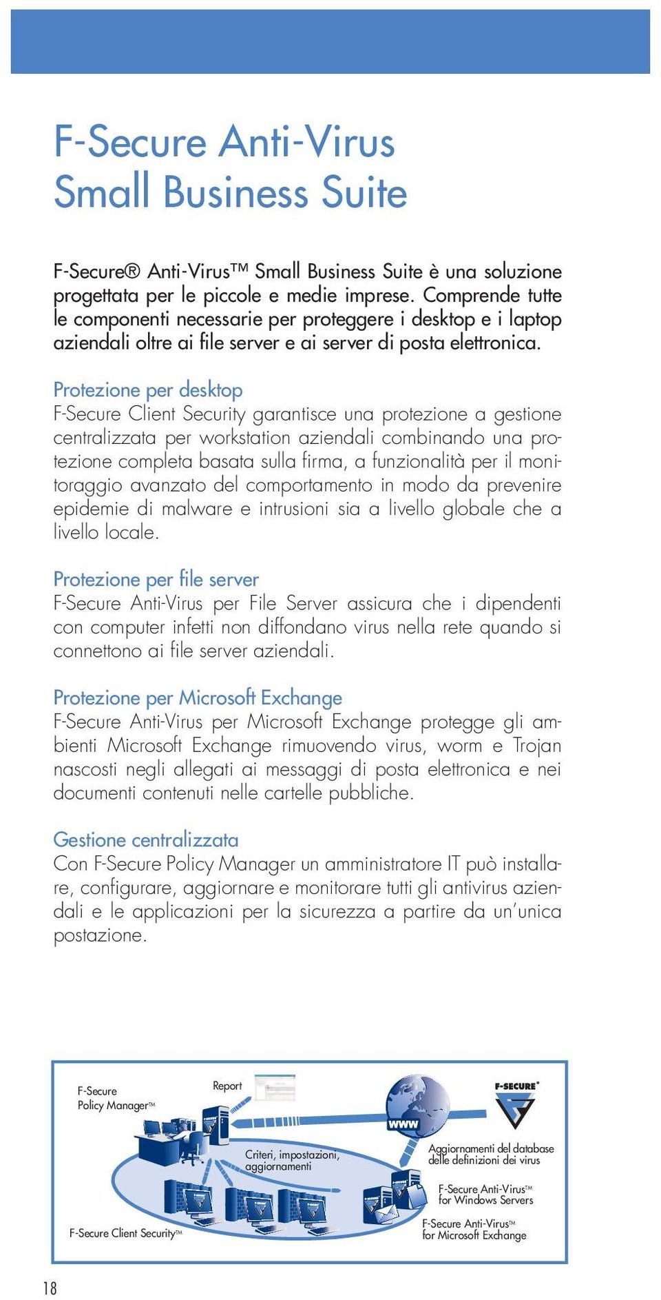 Protezione per desktop F-Secure Client Security garantisce una protezione a gestione centralizzata per workstation aziendali combinando una protezione completa basata sulla fi rma, a funzionalità per