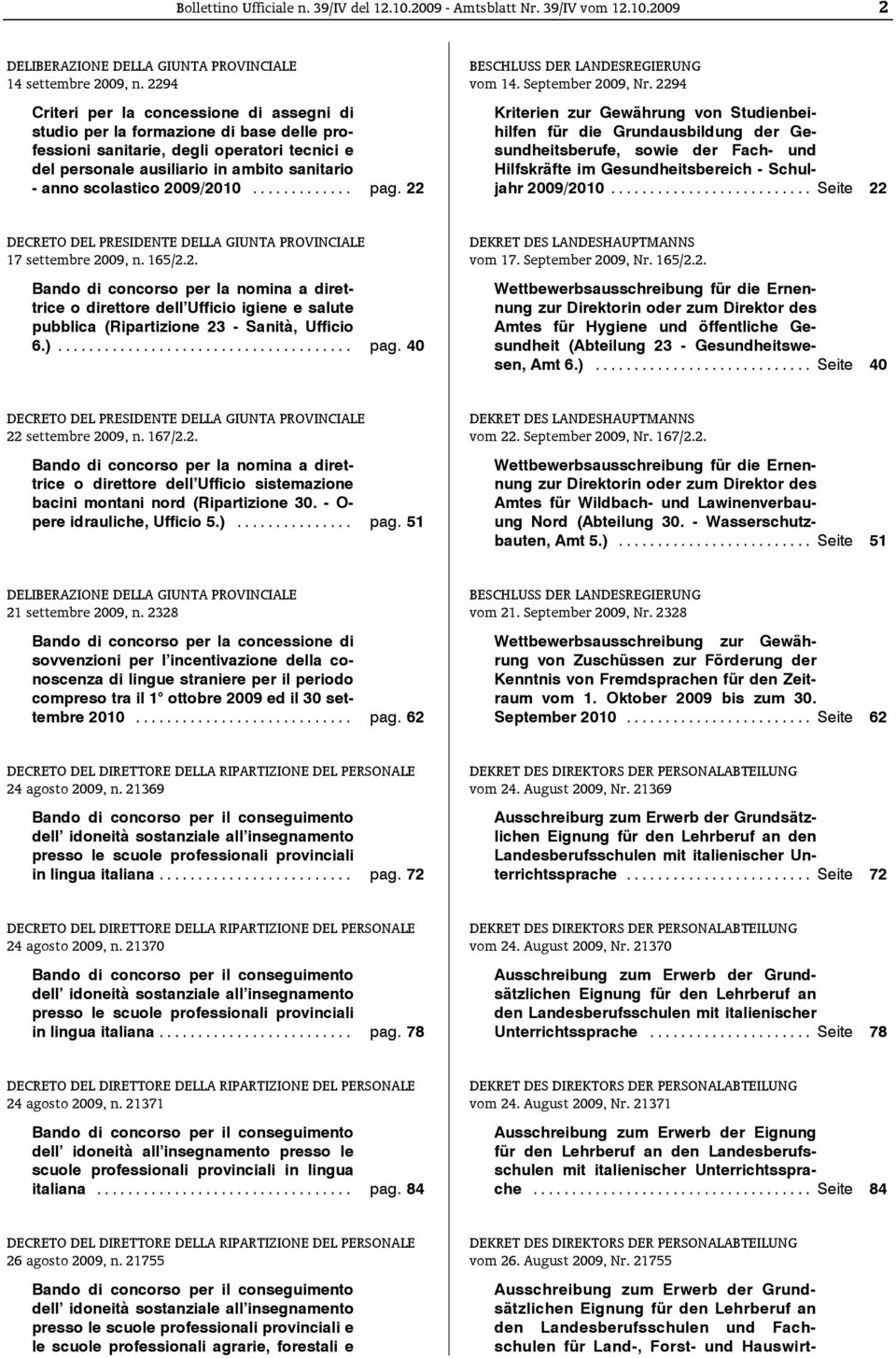 2009/2010... pag. 22 [BO39090414884] DECRETO DEL PRESIDENTE DELLA GIUNTA PROVINCIALE 17 settembre 2009, n. 165/2.2. Bando di concorso per la nomina a direttrice o direttore dell Ufficio igiene e salute pubblica (Ripartizione 23 - Sanità, Ufficio 6.