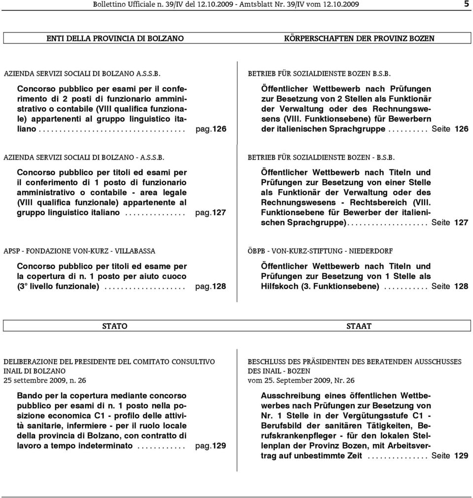 126 [AM39090414906] BETRIEB FÜR SOZIALDIENSTE BOZEN B.S.B. Öffentlicher Wettbewerb nach Prüfungen zur Besetzung von 2 Stellen als Funktionär der Verwaltung oder des Rechnungswesens (VIII.