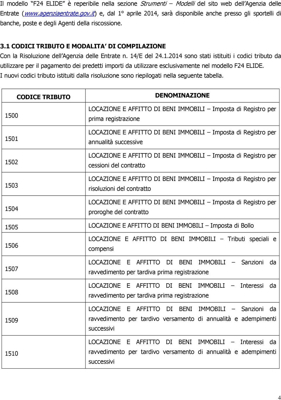 .1 CODICI TRIBUTO E MODALITA DI COMPILAZIONE Con la Risoluzione dell Agenzia delle Entrate n. 14/E del 4.1.014 sono stati istituiti i codici tributo da utilizzare per il pagamento dei predetti importi da utilizzare esclusivamente nel modello F4 ELIDE.