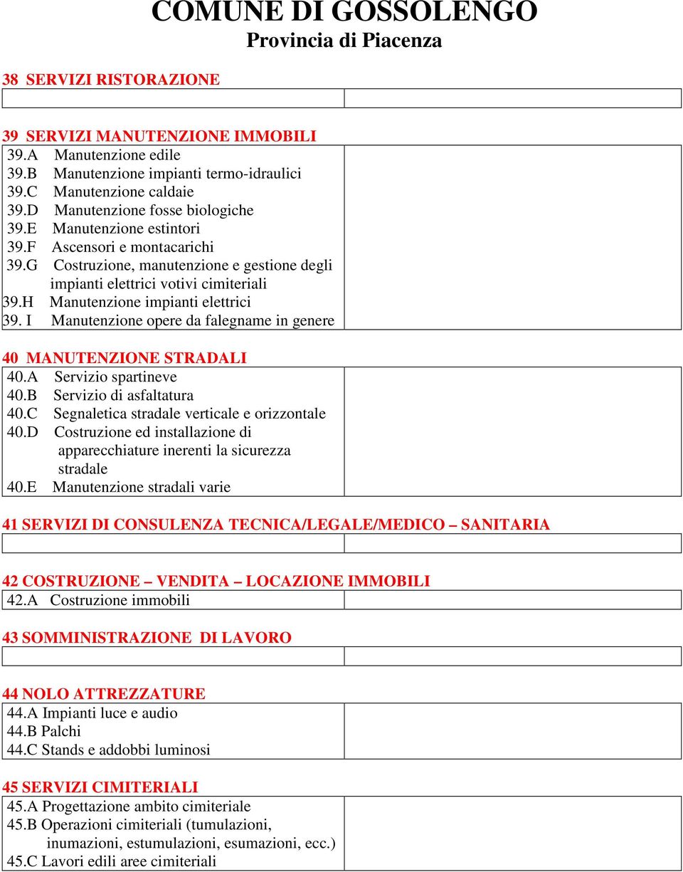 H Manutenzione impianti elettrici 39. I Manutenzione opere da falegname in genere 40 MANUTENZIONE STRADALI 40.A Servizio spartineve 40.B Servizio di asfaltatura 40.