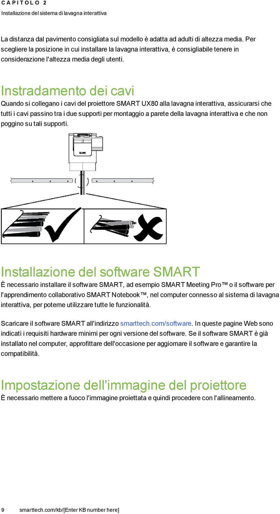 Instradamento dei cavi Quando si collegano i cavi del proiettore SMART UX80 alla lavagna interattiva, assicurarsi che tutti i cavi passino tra i due supporti per montaggio a parete della lavagna