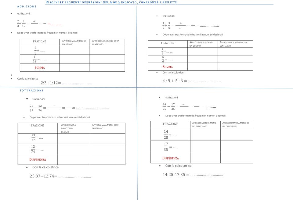 APPROSSIMA A MENO DI UN DECIMO APPROSSIMA A MENO DI UN CENTESIMO.. SOMMA SOMMA Con la calcolatrice 2:3+1:12=. Con la calcolatrice 4 : 9 + :. S O T T R A Z I O N E tra frazioni tra frazioni 2 3 2.