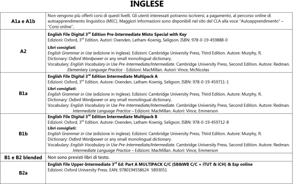 Maggiori informazioni sono disponibili nel sito del CLA alla voce Autoapprendimento Corsi online.