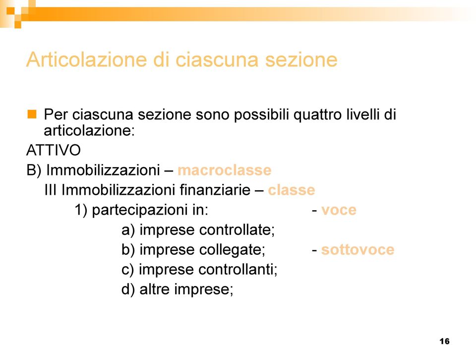 Immobilizzazioni finanziarie classe 1) partecipazioni in: - voce a) imprese