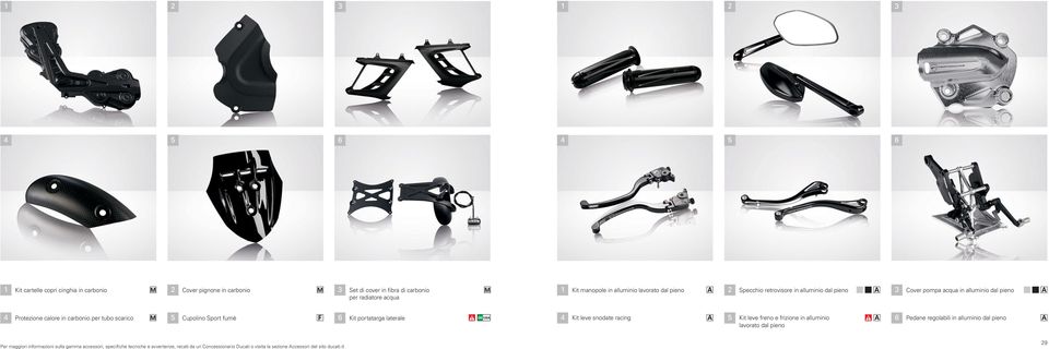 Cupolino Sport fumè 6 Kit portatarga laterale 4 Kit leve snodate racing 5 Kit leve freno e frizione in alluminio lavorato dal pieno 6 Pedane regolabili in alluminio dal