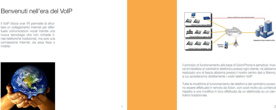 Il principio di funzionamento alla base di ExionPhone è semplice: invece di installare un centralino telefonico presso ogni cliente, ne abbiamo realizzato uno di fascia altissima presso il nostro