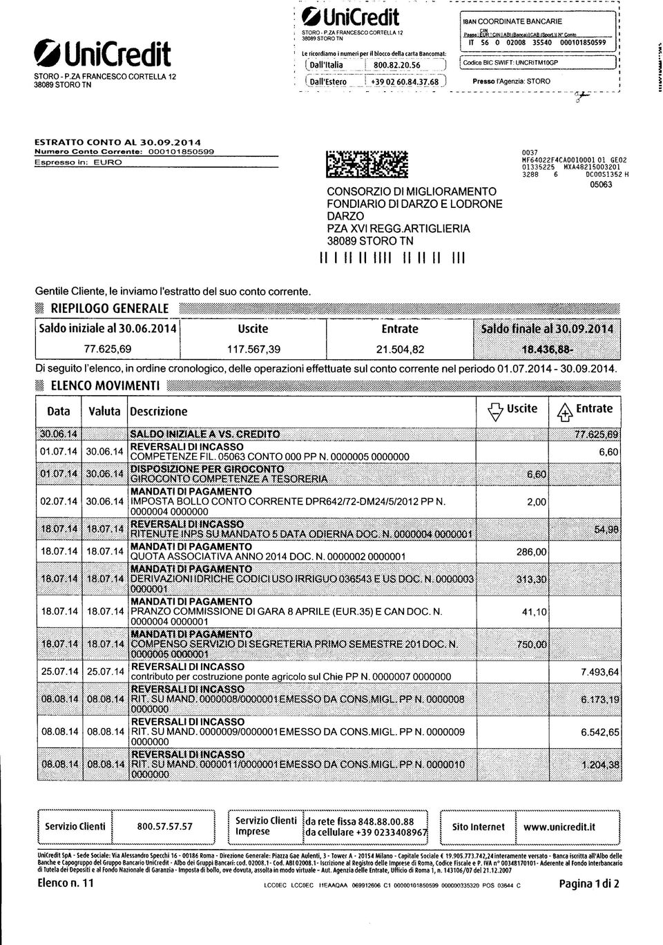 ESTRATTO CONTO AL 3O.O9.2O4 Numero Conto Corrente: OOO O85O599 Espresso in: EURO FONDIARIO DI E LODRONE PZA XVI REGG.