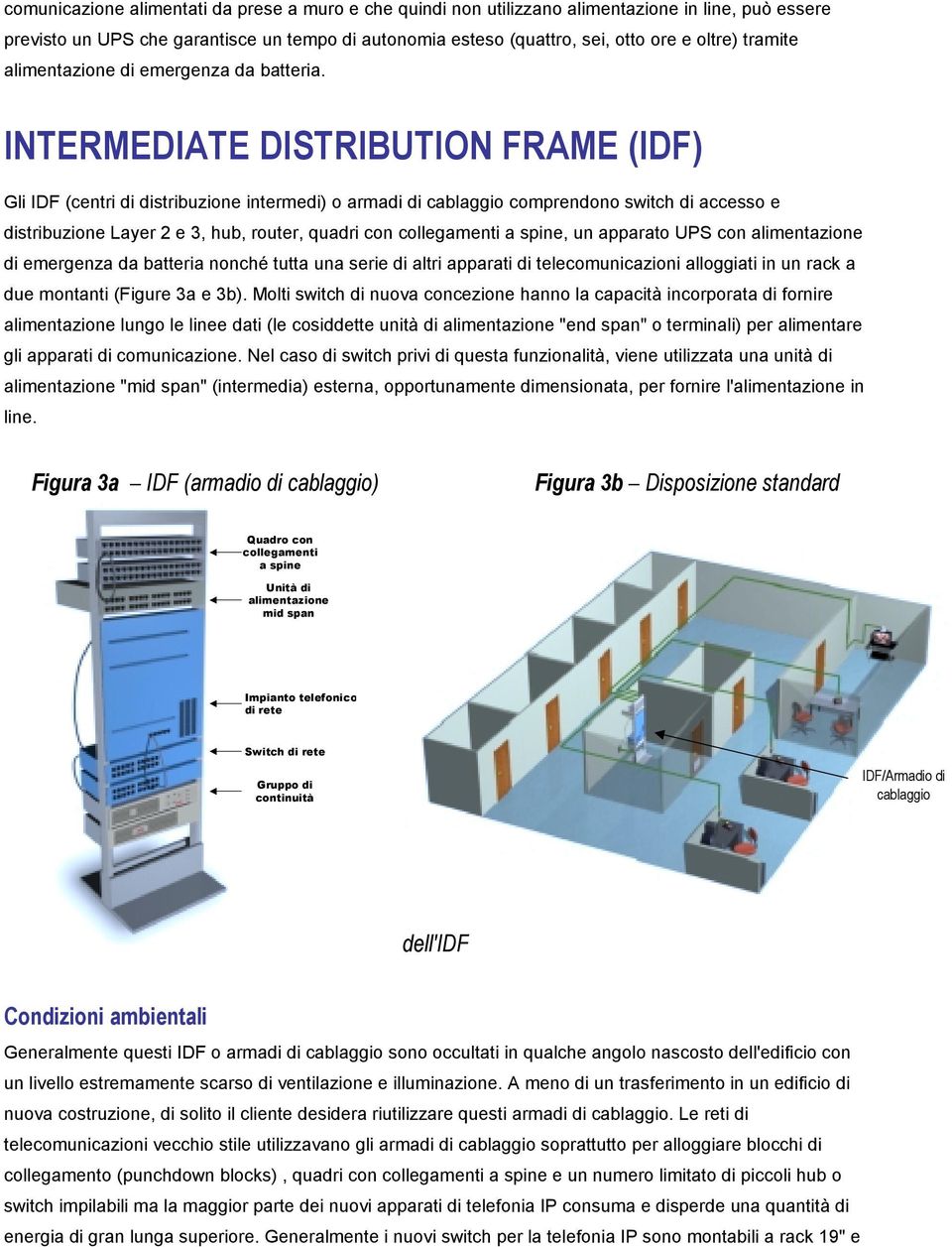 INTERMEDIATE DISTRIBUTION FRAME (IDF) Gli IDF (centri di distribuzione intermedi) o armadi di cablaggio comprendono switch di accesso e distribuzione Layer 2 e 3, hub, router, quadri con collegamenti