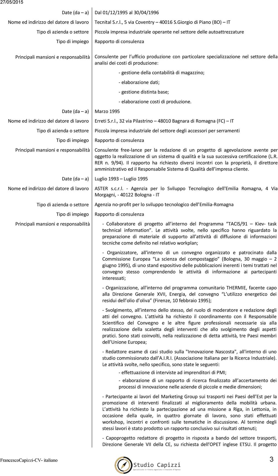 costi di produzione: Marzo 1995 - gestione dell