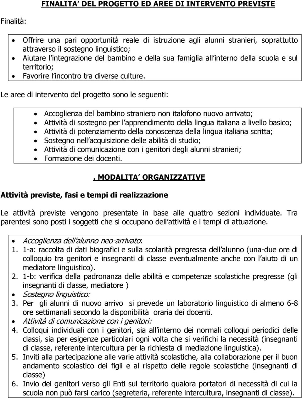 Le aree di intervento del progetto sono le seguenti: Accoglienza del bambino straniero non italofono nuovo arrivato; Attività di sostegno per l apprendimento della lingua italiana a livello basico;