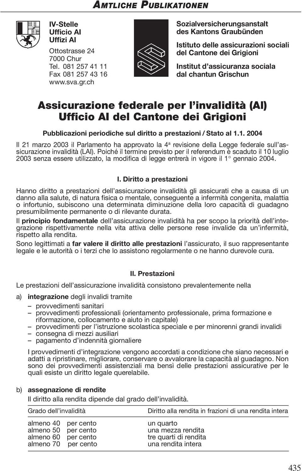 invalidità (Al) Ufficio AI del Cantone dei Grigioni Pubblicazioni periodiche sul diritto a prestazioni / Stato al 1.