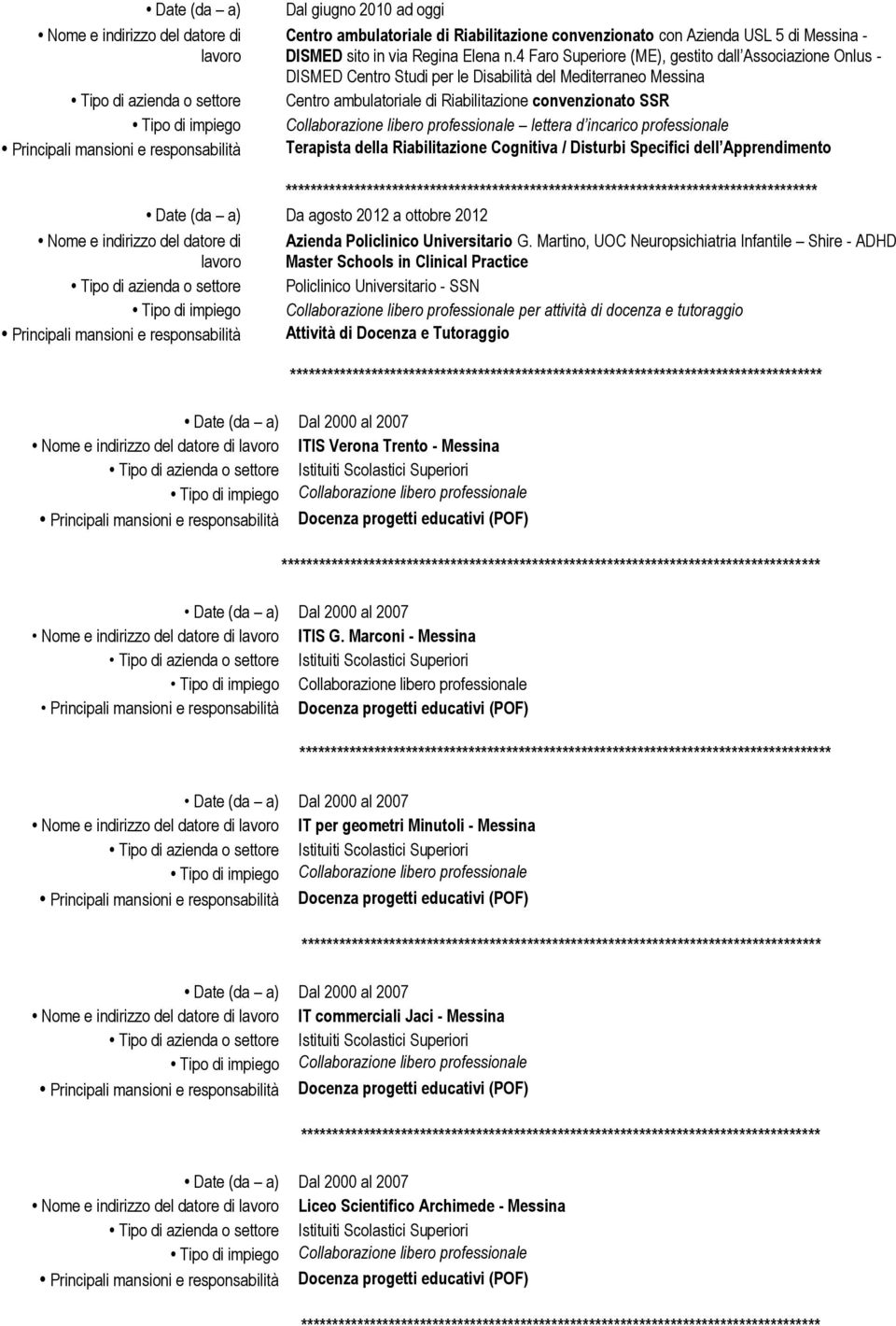 professionale lettera d incarico professionale Terapista della Riabilitazione Cognitiva / Disturbi Specifici dell Apprendimento Date (da a) Da agosto 2012 a ottobre 2012 ITIS Verona Trento - Messina