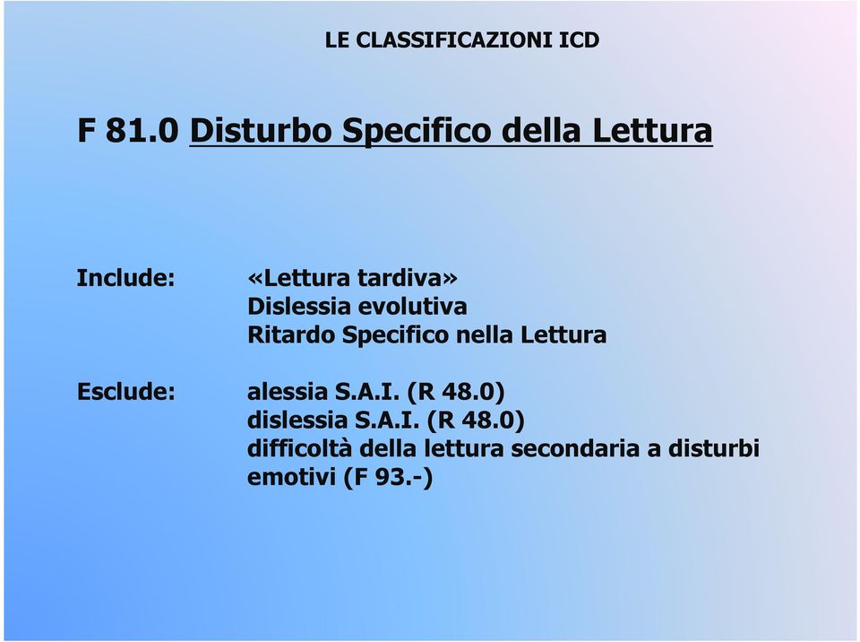 Dislessia evolutiva Ritardo Specifico nella Lettura Esclude: