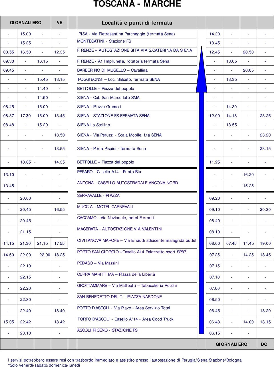 50 SIENA Col. San Marco lato SMA 08.45 15.00 SIENA Piazza Gramsci 14.30 08.37 17.30 15.09 13.45 SIENA STAZIONE FS FERMATA SENA 12.00 14.18 23.25 08.48 15.20 SIENALo Stellino 13.55 13.