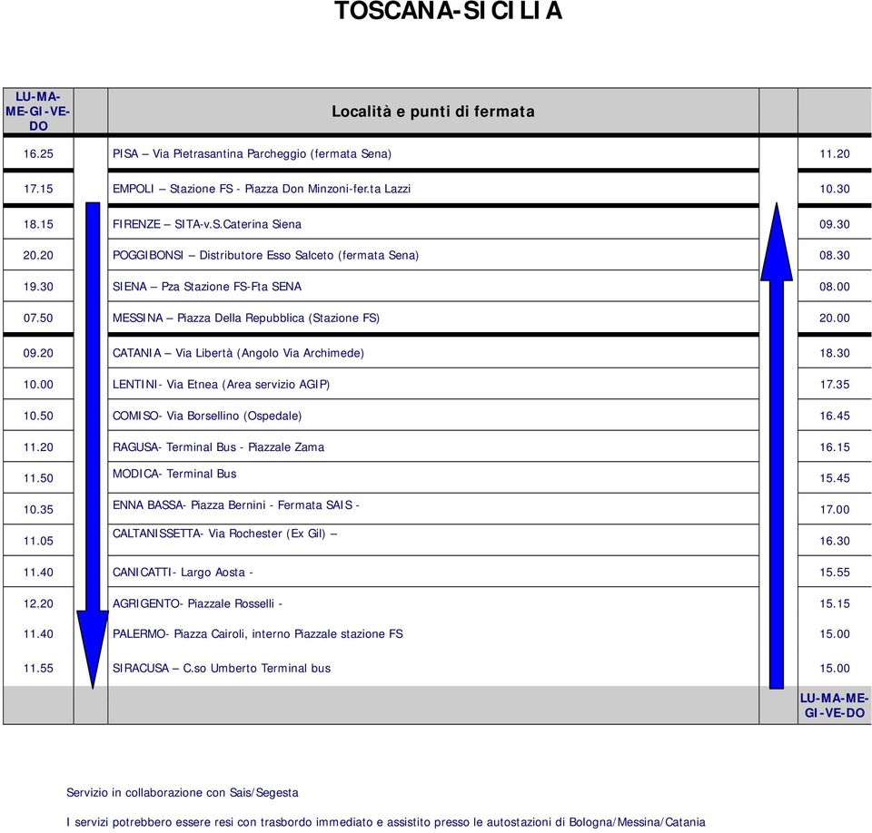 20 CATANIA Via Libertà (Angolo Via Archimede) 18.30 10.00 LENTINI Via Etnea (Area servizio AGIP) 17.35 10.50 COMISO Via Borsellino (Ospedale) 16.45 11.20 RAGUSA Terminal Bus Piazzale Zama 16.15 11.