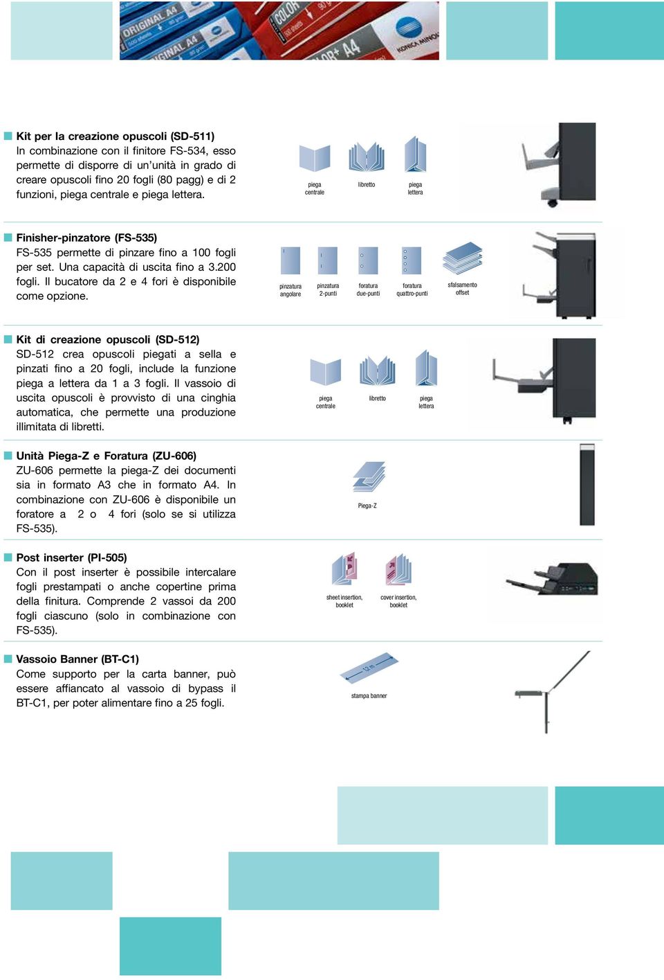 piega centrale libretto piega lettera Finisher-pinzatore (FS-535)... FS-535 permette di pinzare fino a 100 fogli per set. Una capacità di uscita fino a 3.200 fogli.