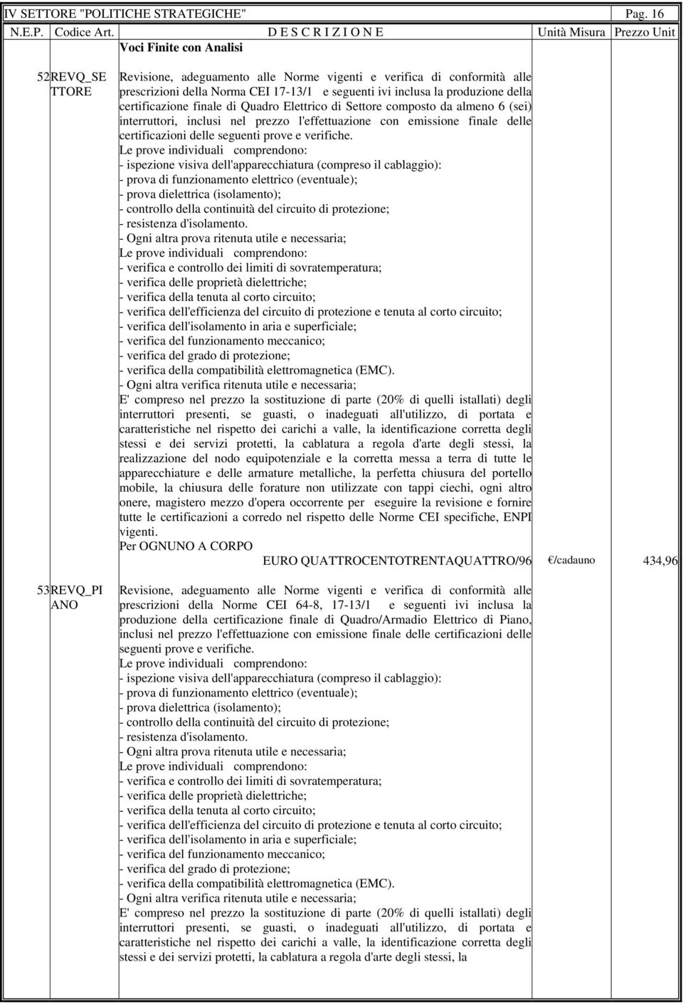 produzione della certificazione finale di Quadro Elettrico di Settore composto da almeno 6 (sei) interruttori, inclusi nel prezzo l'effettuazione con emissione finale delle certificazioni delle