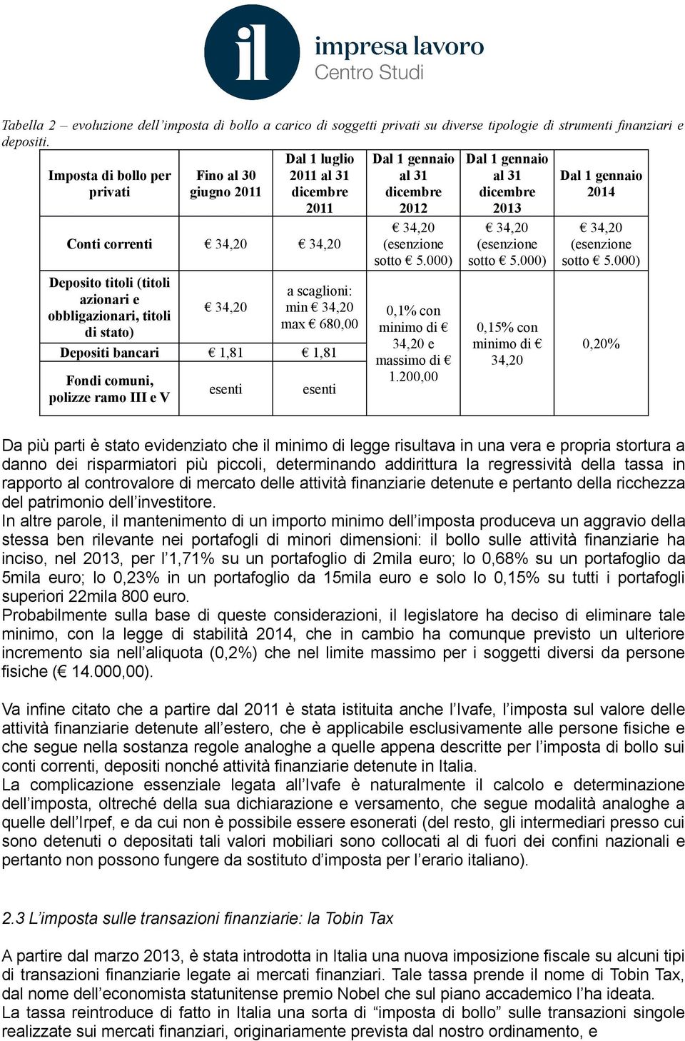 34,20 Deposito titoli (titoli azionari e obbligazionari, titoli di stato) 34,20 a scaglioni: min 34,20 max 680,00 Depositi bancari 1,81 1,81 Fondi comuni, polizze ramo III e V esenti esenti 34,20