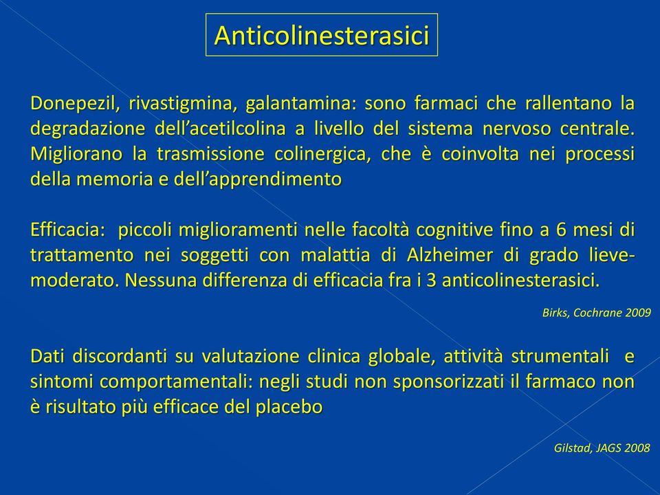 mesi di trattamento nei soggetti con malattia di Alzheimer di grado lievemoderato. Nessuna differenza di efficacia fra i 3 anticolinesterasici.