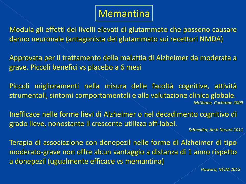 Piccoli benefici vs placebo a 6 mesi Piccoli miglioramenti nella misura delle facoltà cognitive, attività strumentali, sintomi comportamentali e alla valutazione clinica globale.