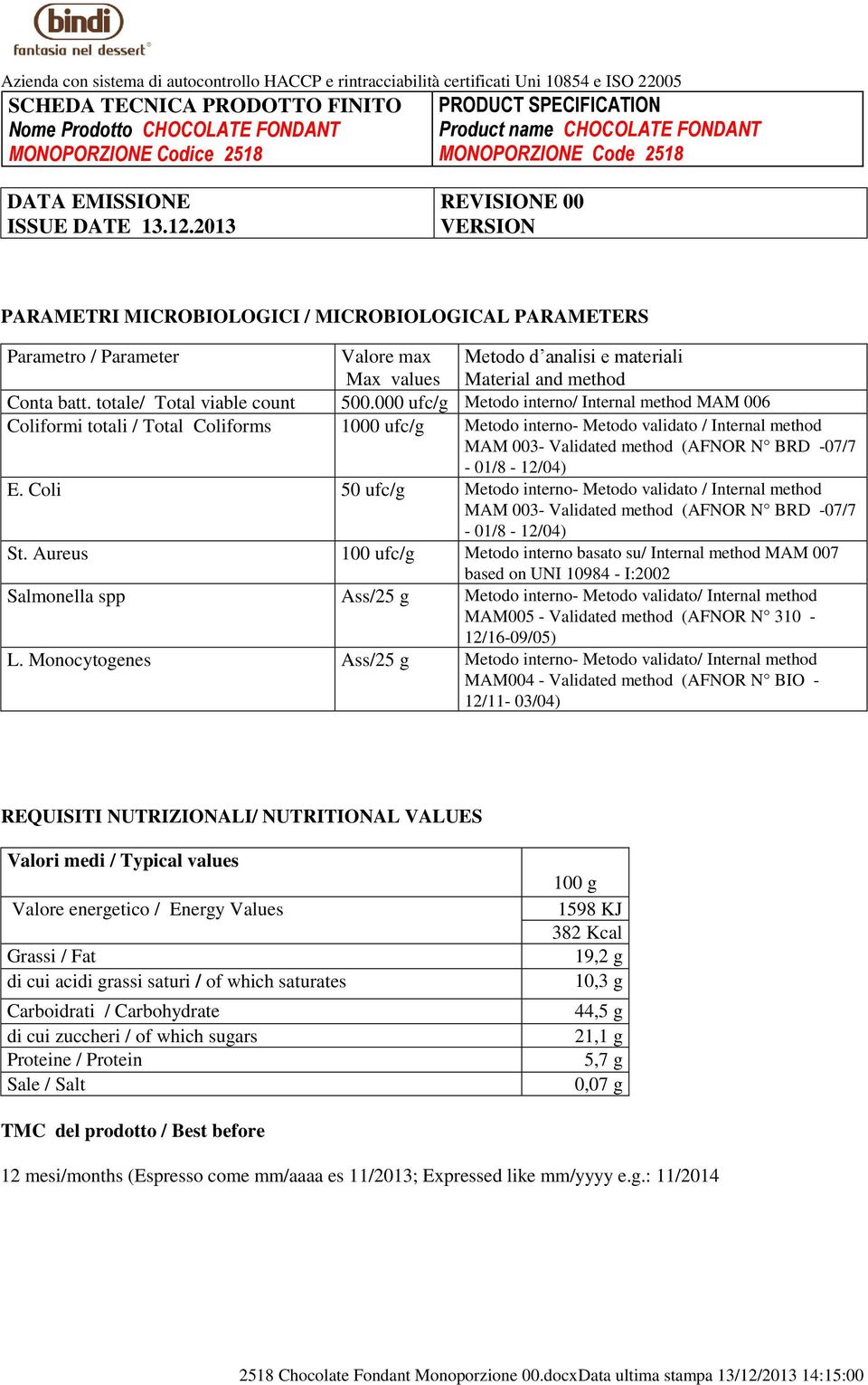 -07/7-01/8-12/04) E. Coli 50 ufc/g Metodo interno- Metodo validato / Internal method MAM 003- Validated method (AFNOR N BRD -07/7-01/8-12/04) St.