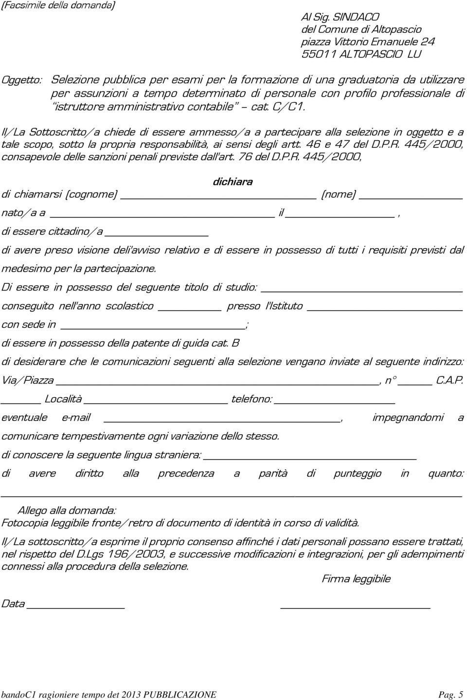 determinato di personale con profilo professionale di istruttore amministrativo contabile cat. C/C1.