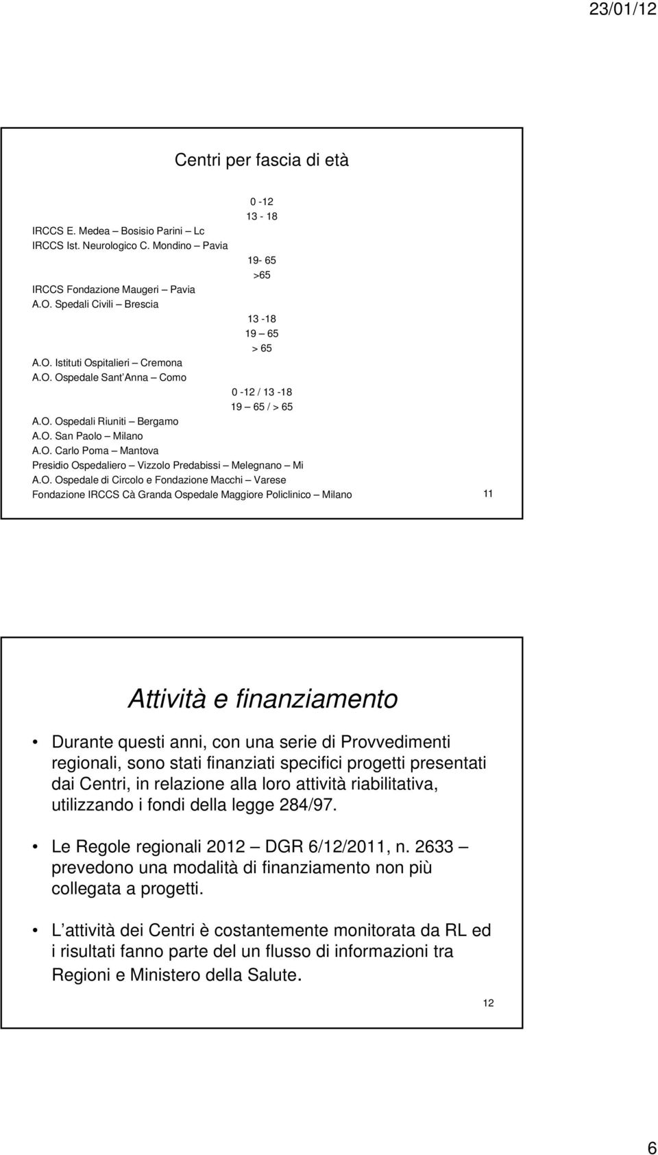 Circolo e Fondazione Macchi Varese Fondazione IRCCS Cà Granda Ospedale Maggiore Policlinico Milano 11 Attività e finanziamento Durante questi anni, con una serie di Provvedimenti regionali, sono