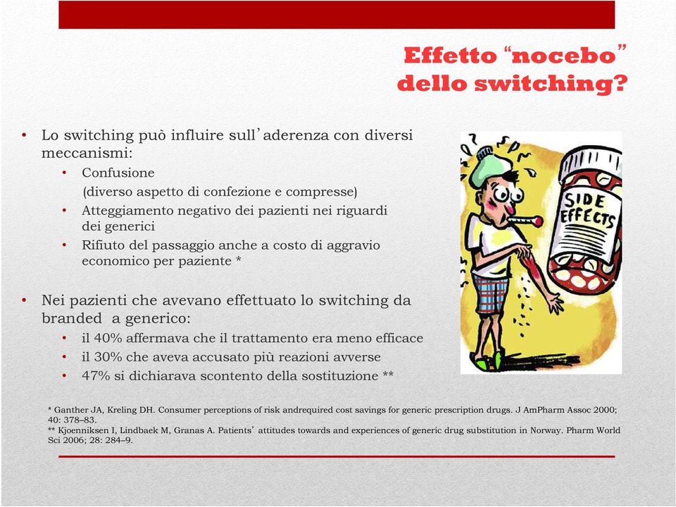 passaggio anche a costo di aggravio economico per paziente * Nei pazienti che avevano effettuato lo switching da branded a generico: il 40% affermava che il trattamento era meno efficace il 30% che