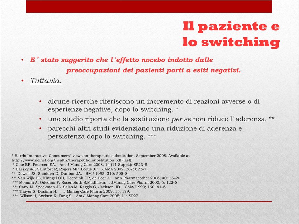 ** parecchi altri studi evidenziano una riduzione di aderenza e persistenza dopo lo switching. *** * Harris Interactive. Consumers views on therapeutic substitution. September 2008.