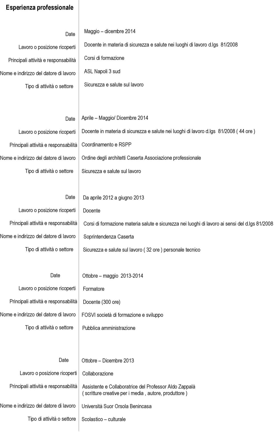 lgs 81/2008 ( 44 ore ) Coordinamento e RSPP Ordine degli architetti Caserta Associazione professionale Da aprile 2012 a giugno 2013 Soprintendenza Caserta ( 32 ore ) personale