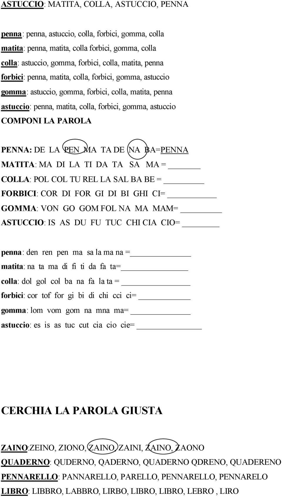 PEN MA TA DE NA BA=PENNA MATITA: MA DI LA TI DA TA SA MA = COLLA: POL COL TU REL LA SAL BA BE = FORBICI: COR DI FOR GI DI BI GHI CI= GOMMA: VON GO GOM FOL NA MA MAM= ASTUCCIO: IS AS DU FU TUC CHI CIA