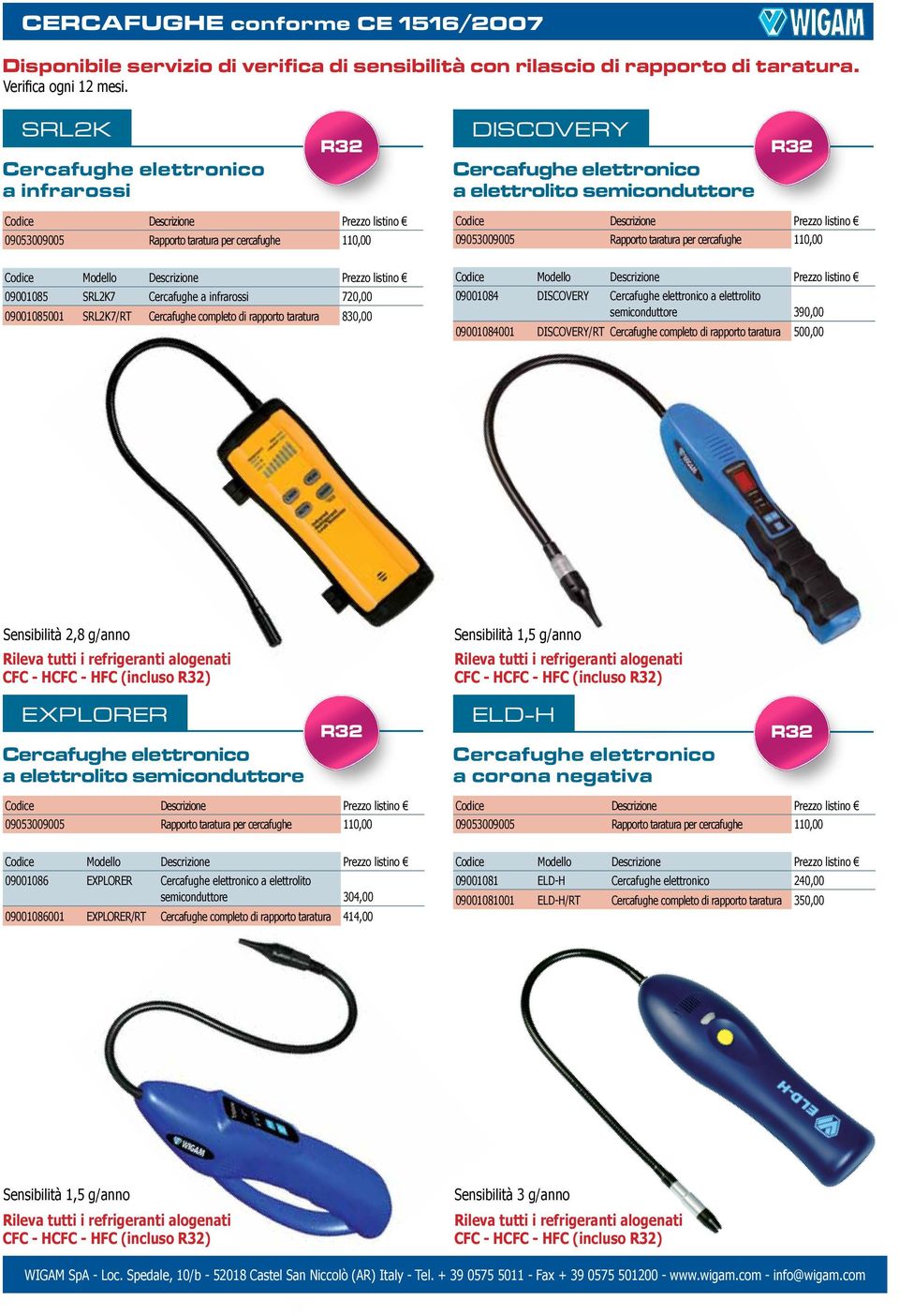 720,00 09001085001 SRL2K7/RT Cercafughe completo di rapporto taratura 830,00 09053009005 Rapporto taratura per cercafughe 110,00 09001084 DISCOVERY Cercafughe elettronico a elettrolito semiconduttore