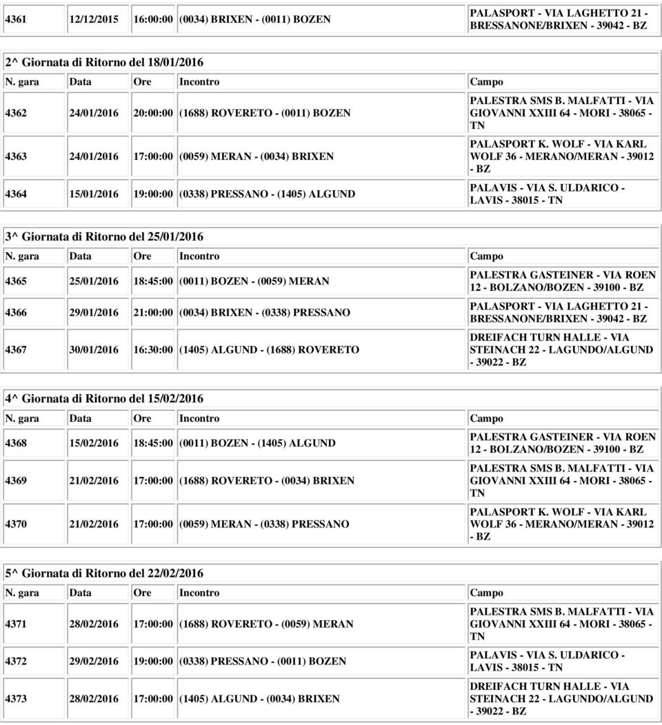 (0034) BRIXEN - (0338) PRESSANO 4367 30/01/2016 16:30:00 (1405) ALGUND - (1688) ROVERETO - 39022 4^ Giornata di Ritorno del 15/02/2016 4368 15/02/2016 18:45:00 (0011) BOZEN - (1405) ALGUND 4369